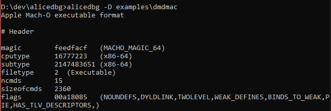 A screenshot of alicedbg duing a Mach-O executable showing magic (MACHO_MAGIC_64), cpu type (x86-64), and filetype (Executable).